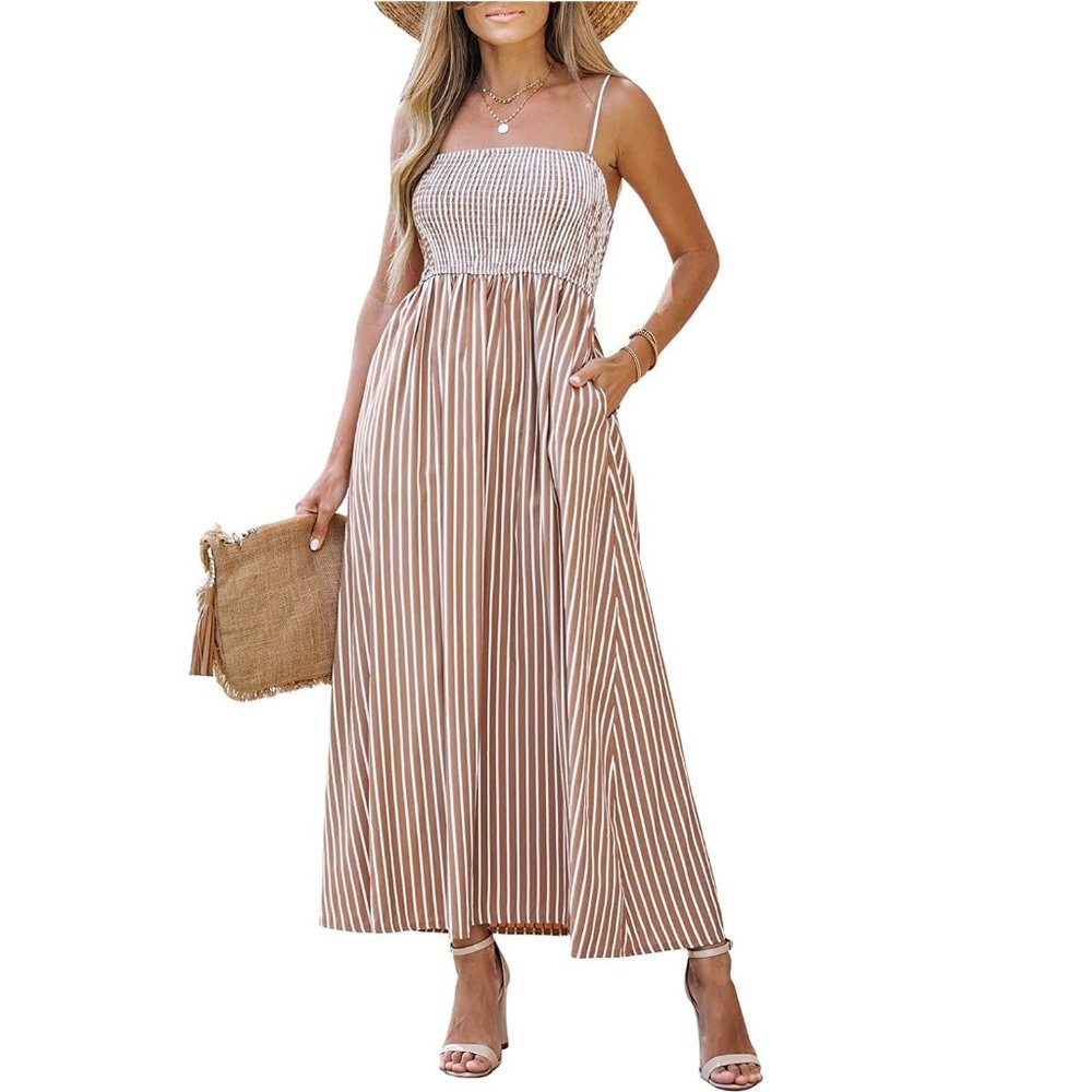 Striped Smocked Sleeveless Dress Pockets Formal Dress Maxi Cami Straps Dress